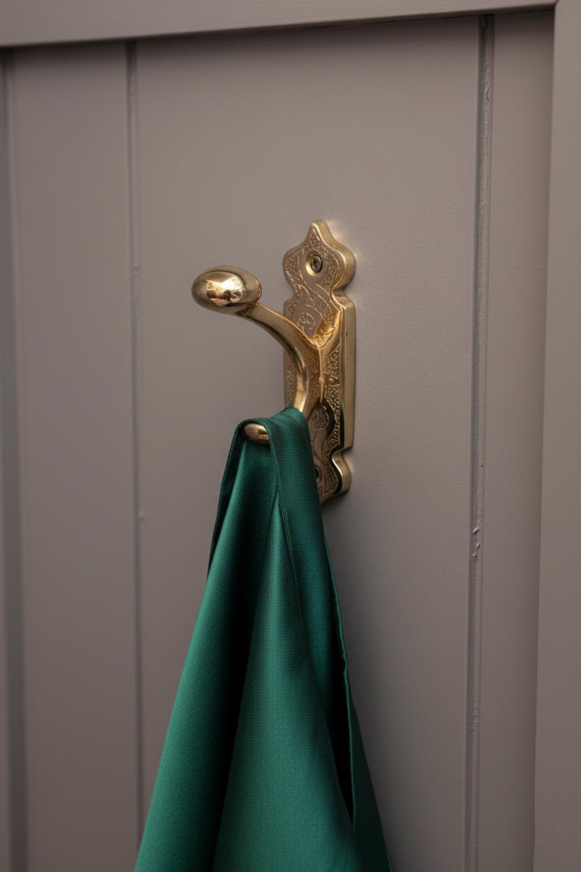 Gold hook on a gray wall with a green towel hanging from it
