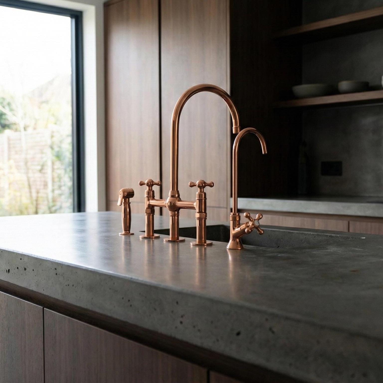 Copper kitchen faucet on a dark countertop with a modern kitchen setting.