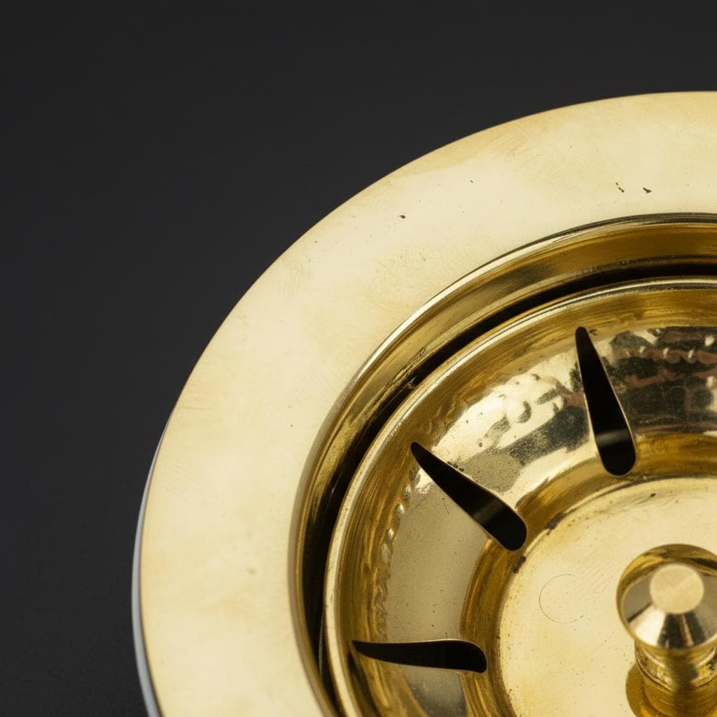 Close-up of a gold drain strainer on a dark background