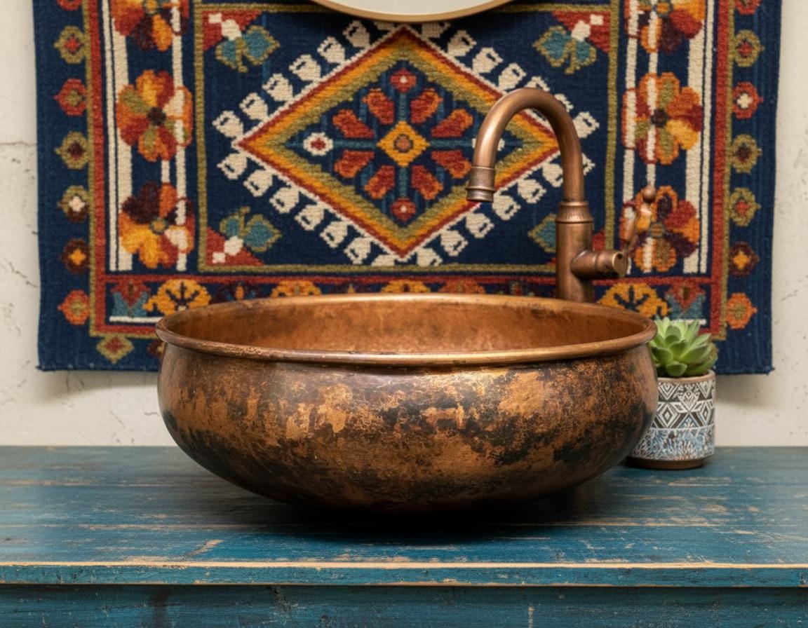Copper basin with faucet on a blue wooden surface, colorful tapestry in the background