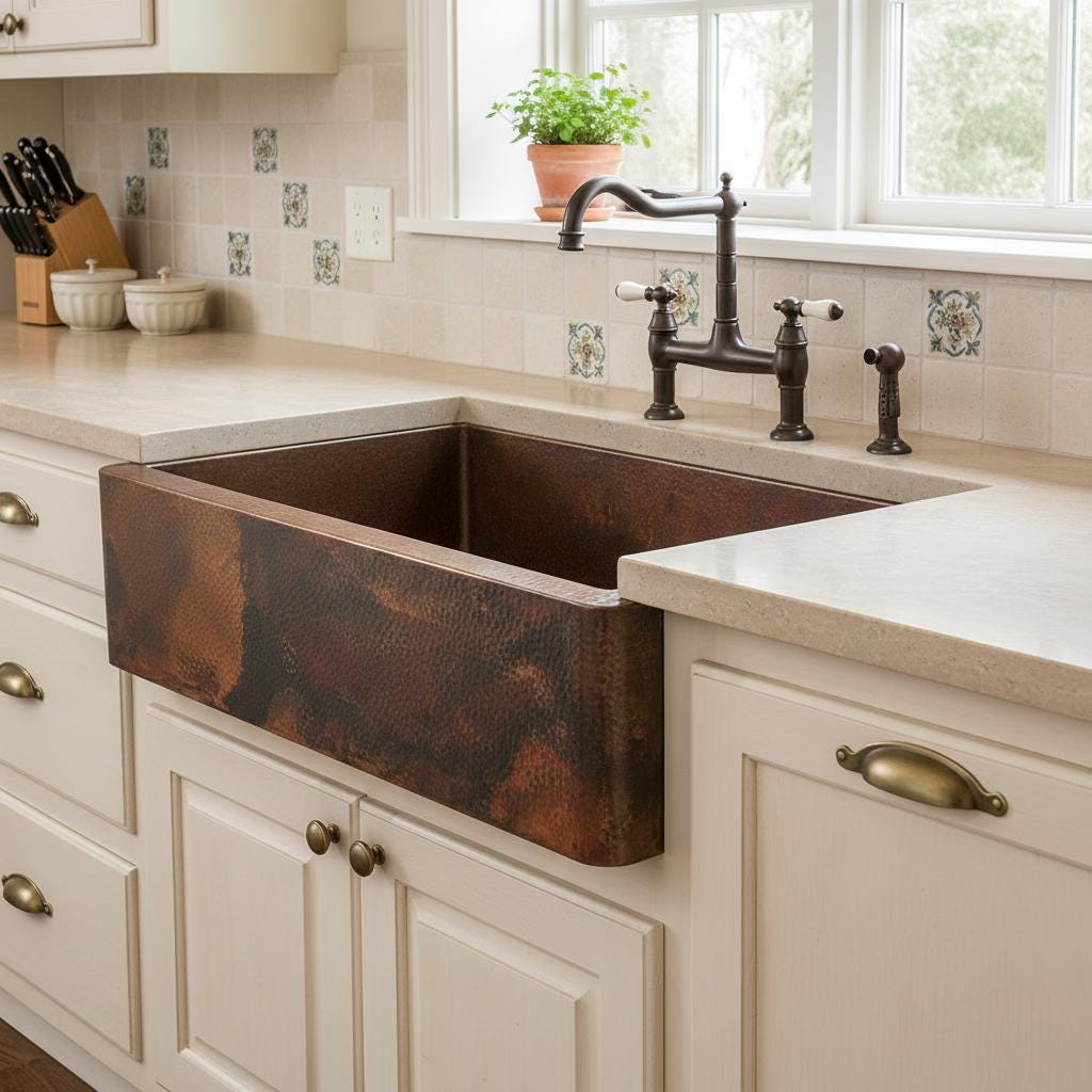 Copper farmhouse sink in a kitchen with white cabinets and a tiled backsplash.
