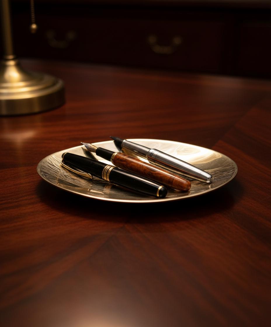 Three pens on a silver tray on a wooden surface with a warm glow.