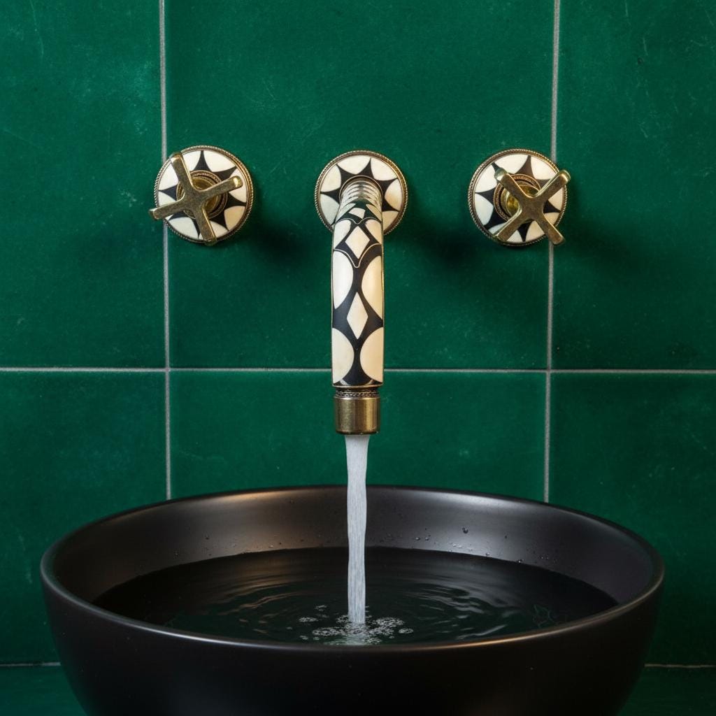 Decorative faucet with water flowing into a black sink against a green tiled wall.