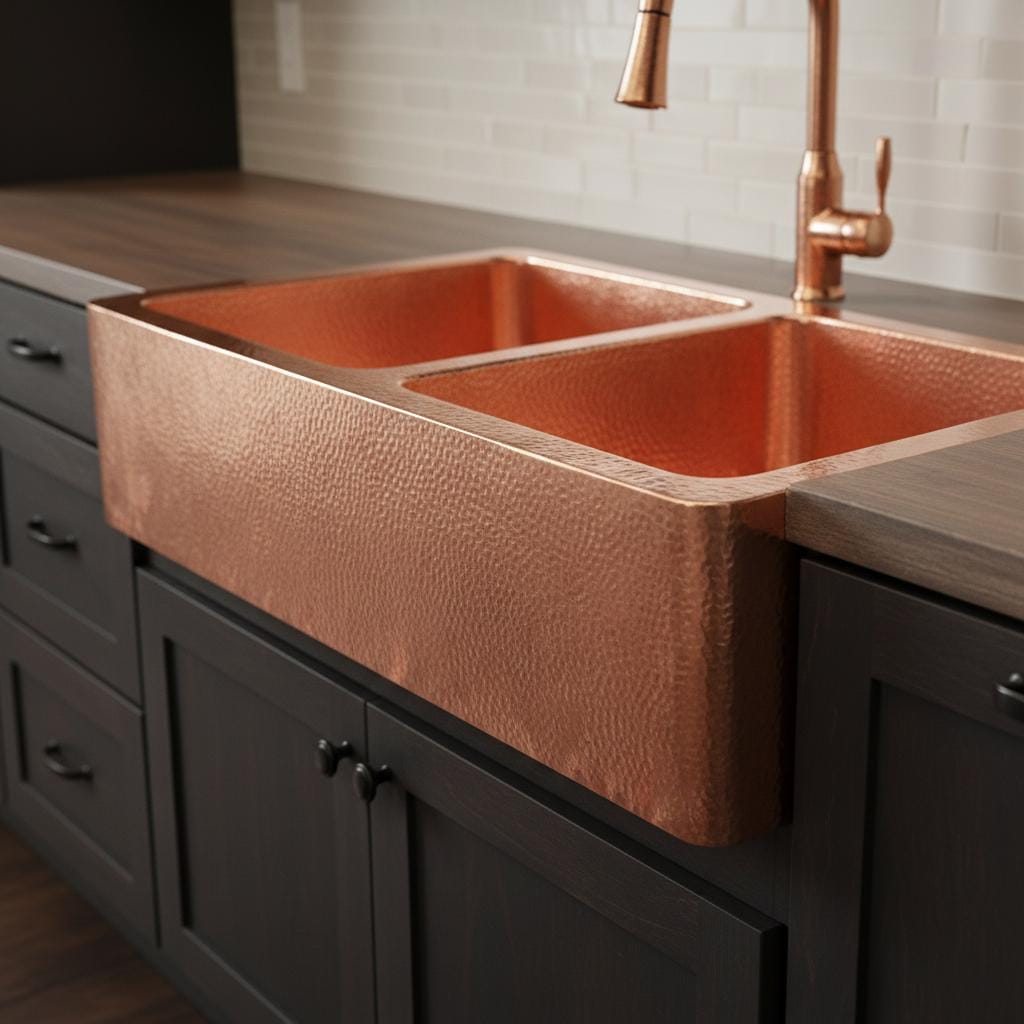 Copper farmhouse sink with a bronze faucet in a kitchen setting.
