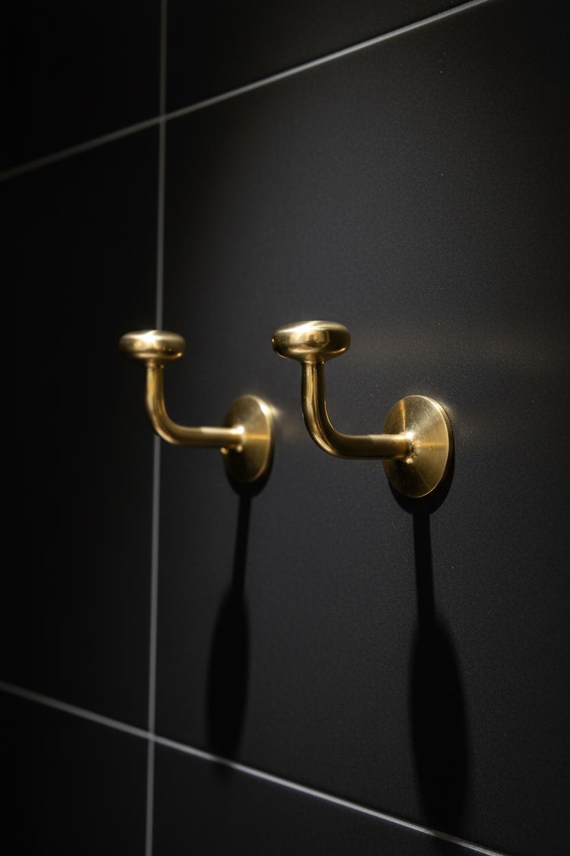 Two gold hooks on a black tiled wall