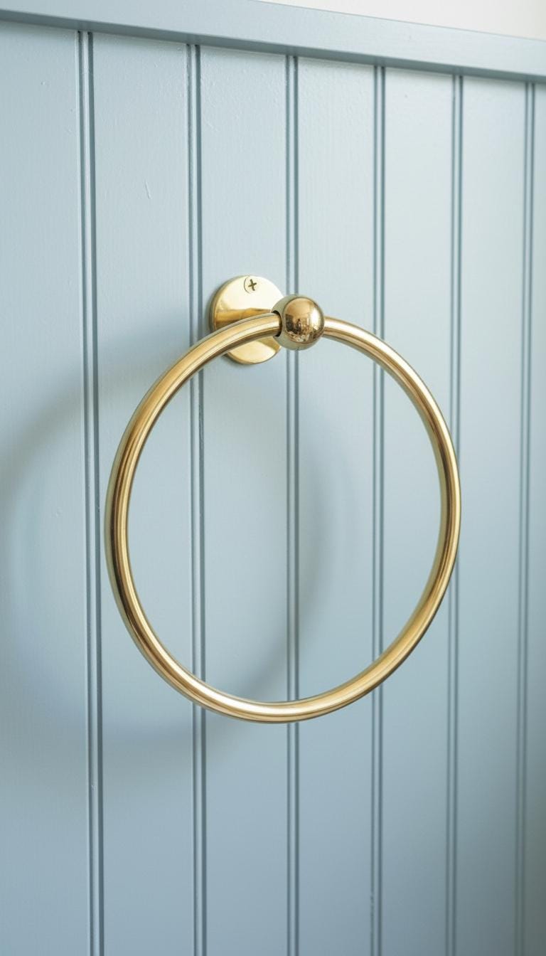 Gold towel ring on a light blue wooden panel