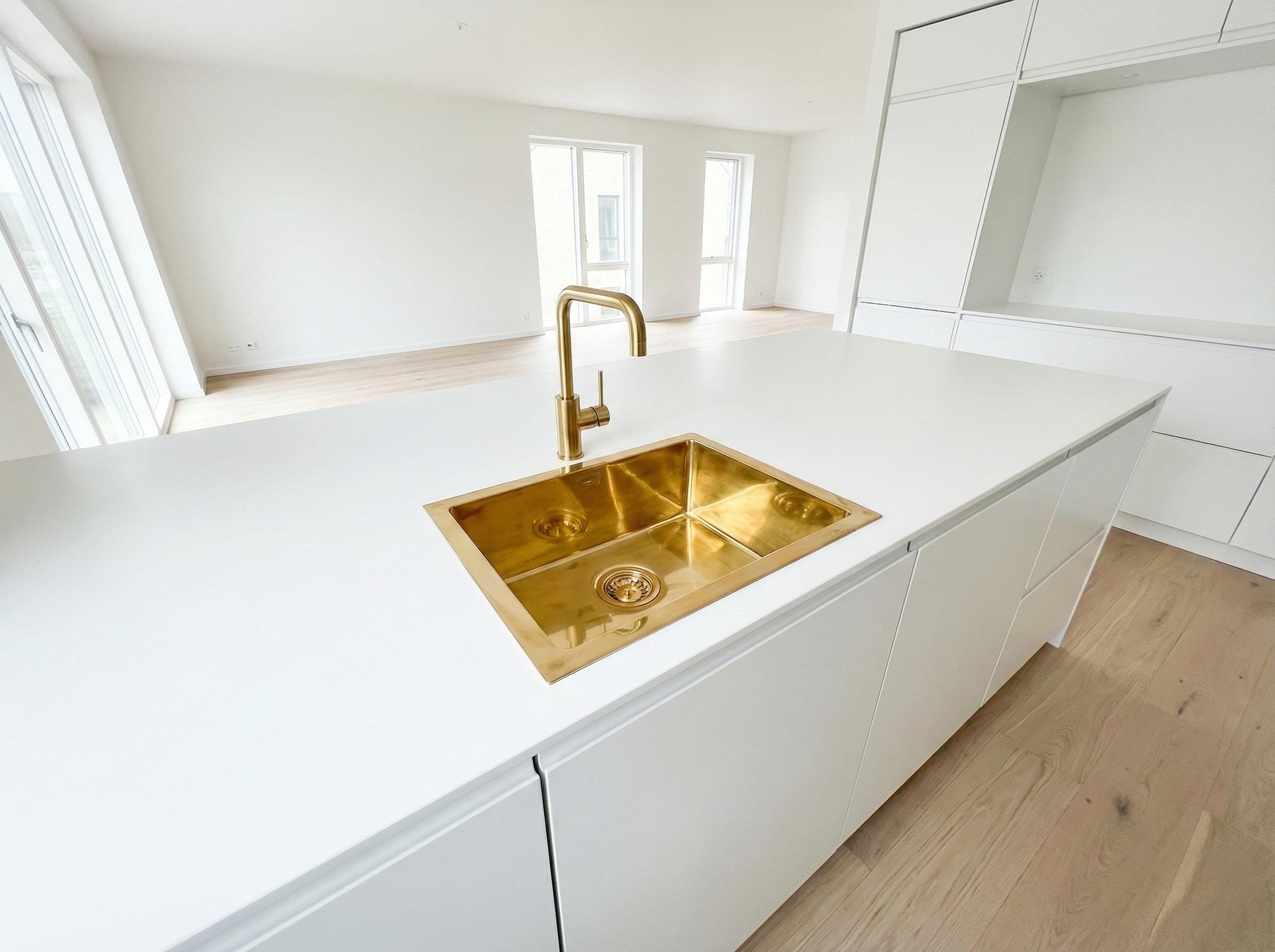 Modern kitchen with a gold sink and faucet