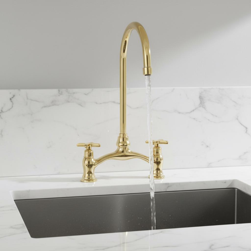 Gold kitchen faucet with water flowing into a black sink against a marble backsplash.