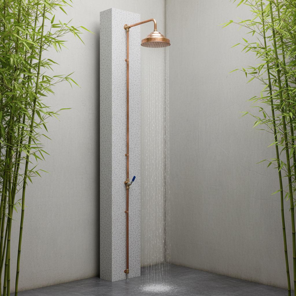 Modern shower setup with a copper shower head and hose against a neutral wall with bamboo plants.