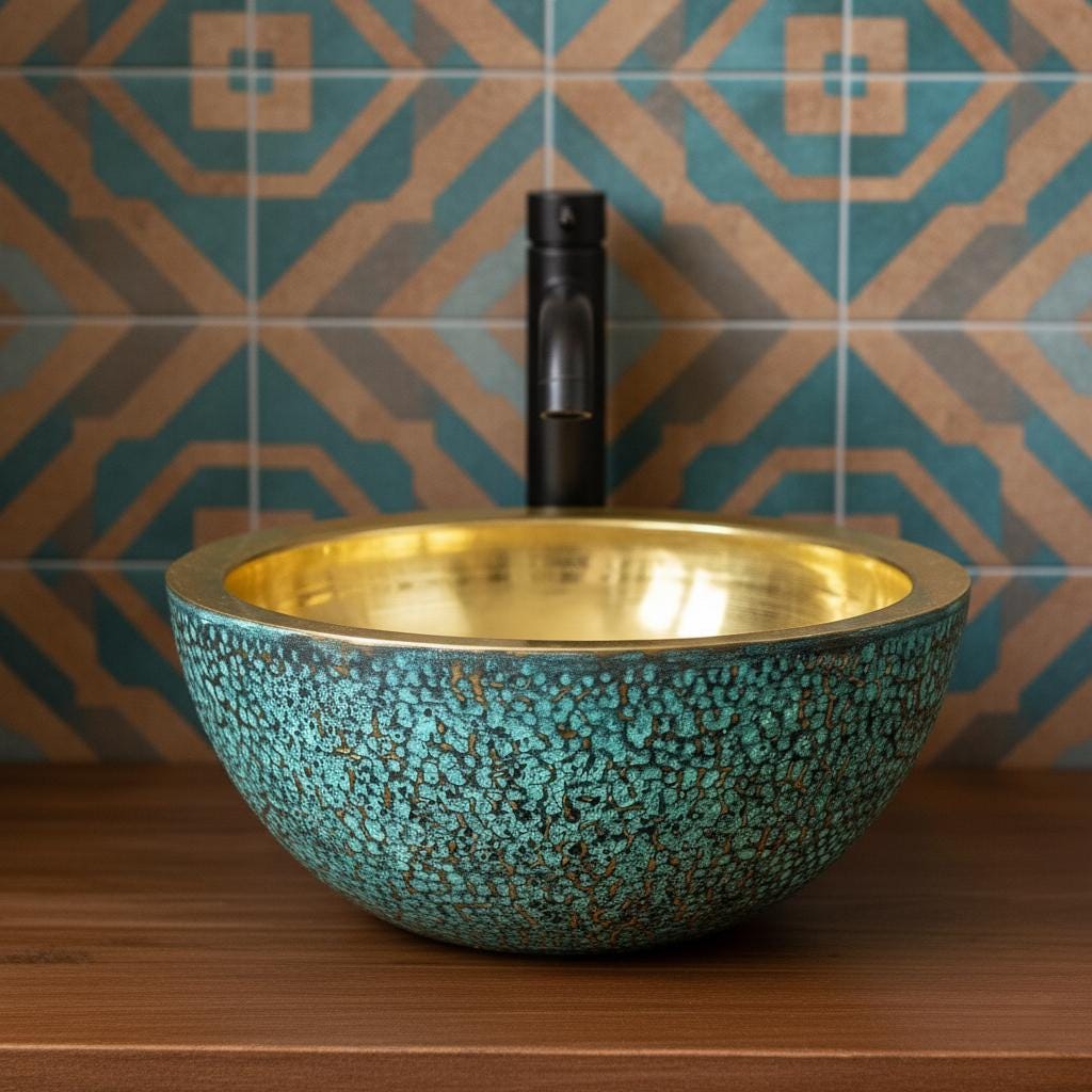 Gold and turquoise ceramic sink with a geometric tile pattern in the background