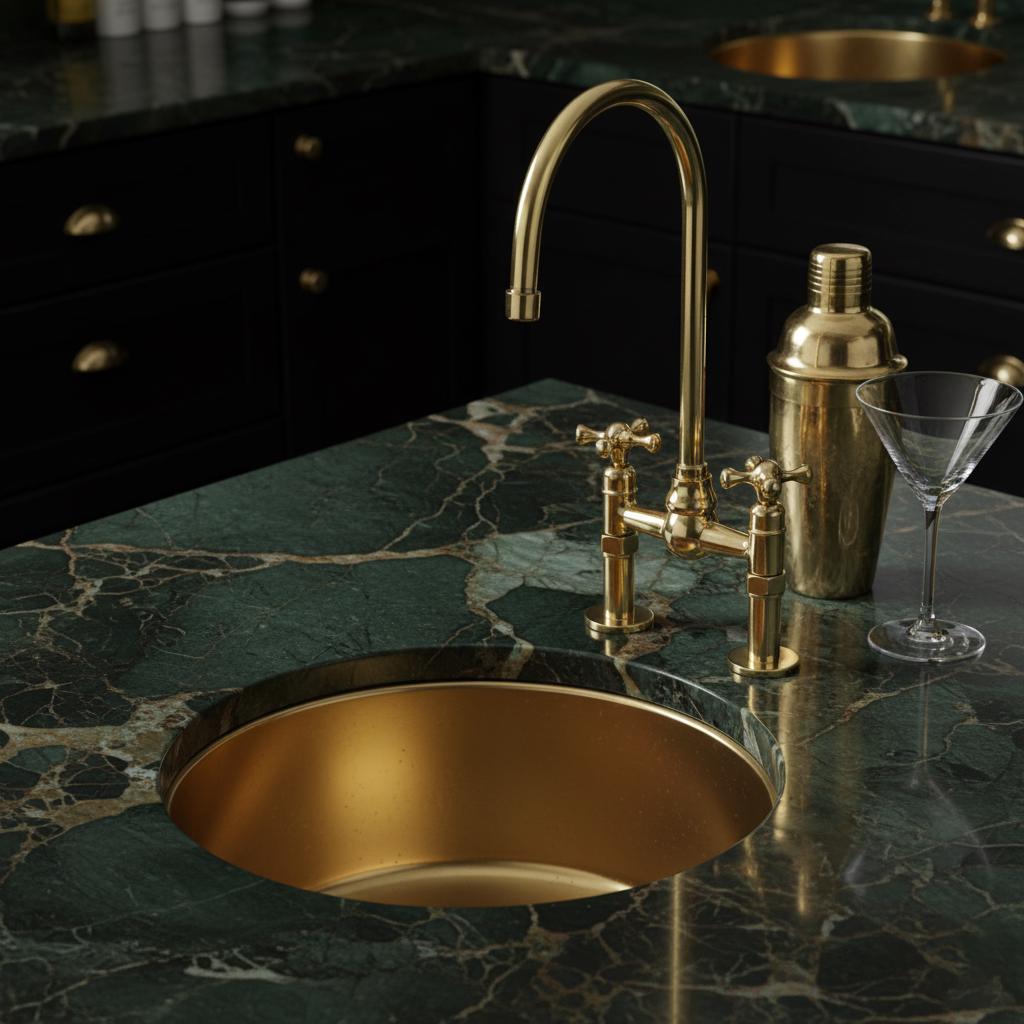 Gold sink and faucet set on a dark marble countertop with a cocktail shaker and glass.