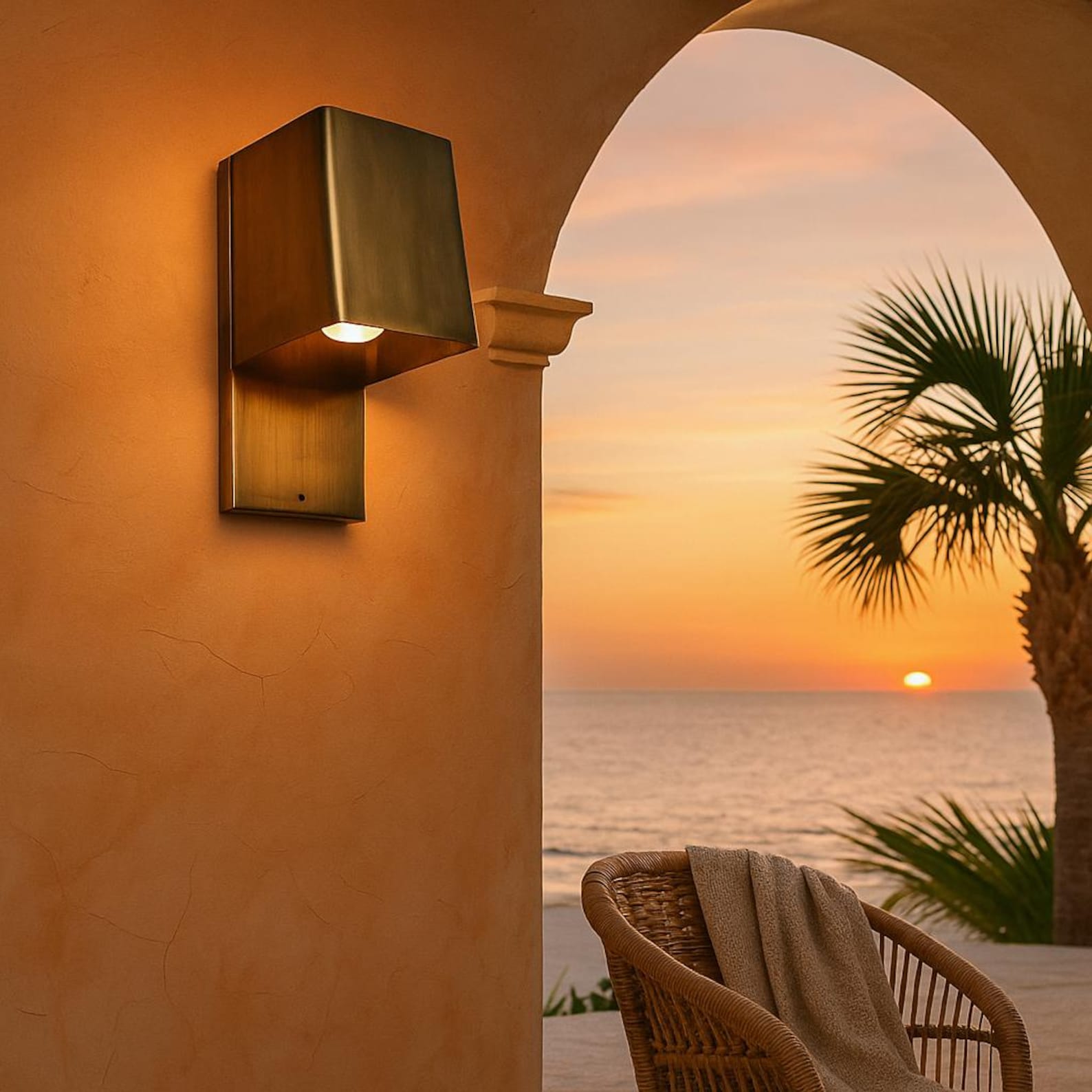 Gold outdoor wall light fixture on a stucco wall with a sunset over the ocean and palm trees.
