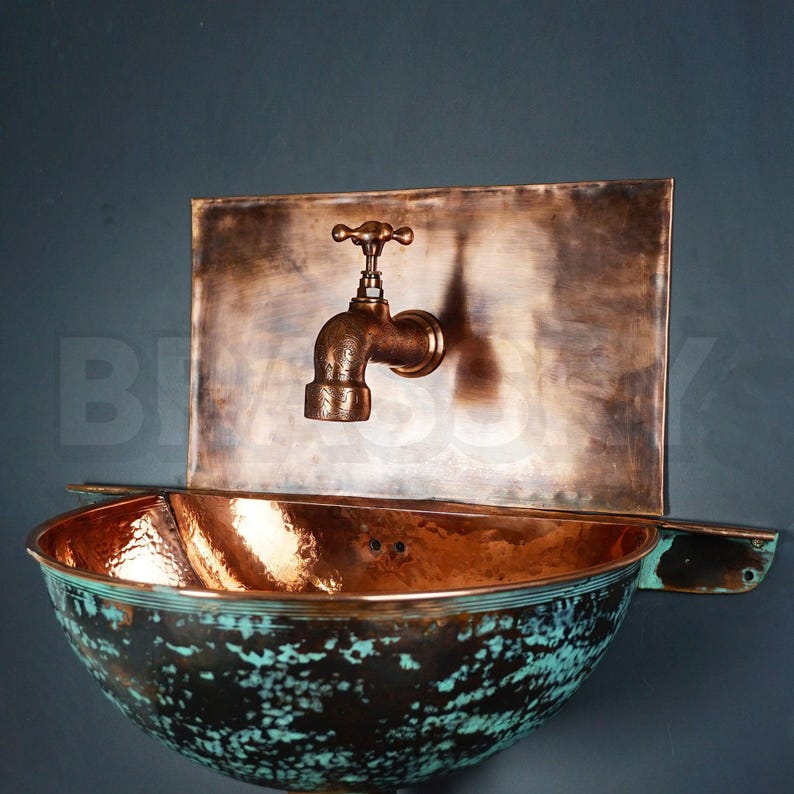 Handcrafted Moroccan Copper Wall Sink – Antique Patina Bathroom Basin