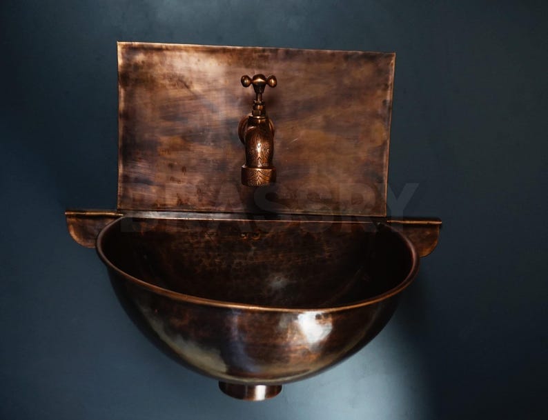 Rustic Moroccan Copper Wall-Mounted Sink with Backplate & Brass Faucet