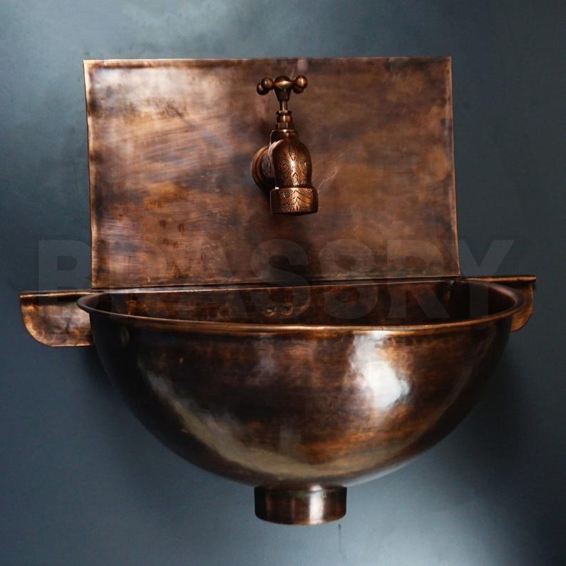 Rustic Moroccan Copper Wall-Mounted Sink with Backplate & Brass Faucet
