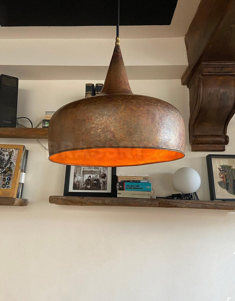 Handcrafted Moroccan hammered copper pendant light in 6 sizes, aged copper finish, ideal for kitchen islands, boho and rustic interiors