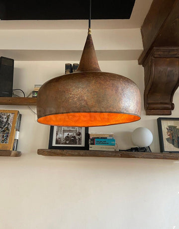 Handcrafted Moroccan hammered copper pendant light in 6 sizes, aged copper finish, ideal for kitchen islands, boho and rustic interiors