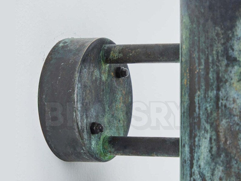 Handcrafted Moroccan copper wall sconce with green patina, rustic outdoor cylinder light fixture, waterproof exterior wall light for entryway or patio

