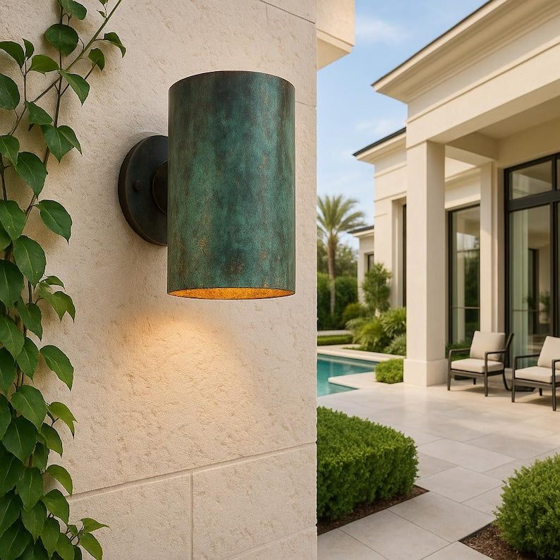 Handcrafted Moroccan copper wall sconce with green patina, rustic outdoor cylinder light fixture, waterproof exterior wall light for entryway or patio

