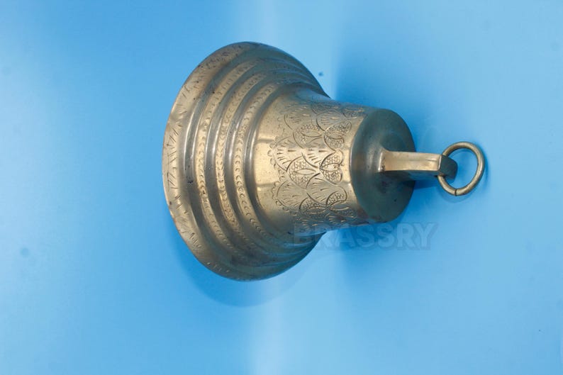 Elegant handcrafted solid brass temple bell with antique finish, decorative front entrance bell for Mediterranean, luxury, or traditional home exteriors

