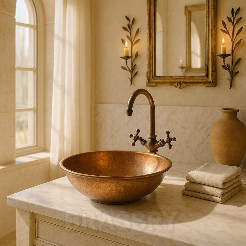 Handcrafted Moroccan Hammered Copper Vessel Sink – Round Bathroom Vanity Bowl in Warm Copper Finish9