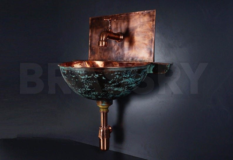 Handcrafted Moroccan Copper Wall Sink – Antique Patina Bathroom Basin