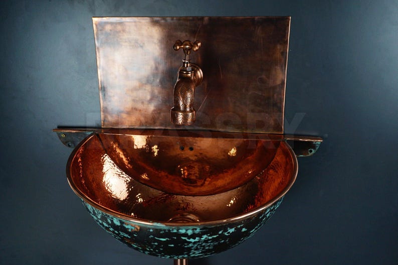 Handcrafted Moroccan Copper Wall Sink – Antique Patina Bathroom Basin