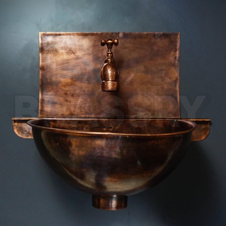 Rustic Moroccan Copper Wall-Mounted Sink with Backplate & Brass Faucet