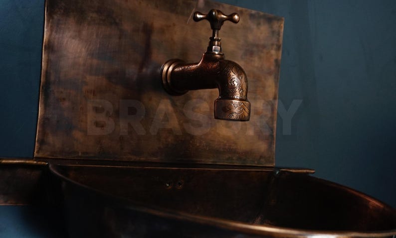 Rustic Moroccan Copper Wall-Mounted Sink with Backplate & Brass Faucet