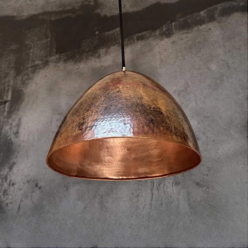 Handcrafted Moroccan hammered copper pendant light with aged finish for kitchen, dining room, and boho decor

