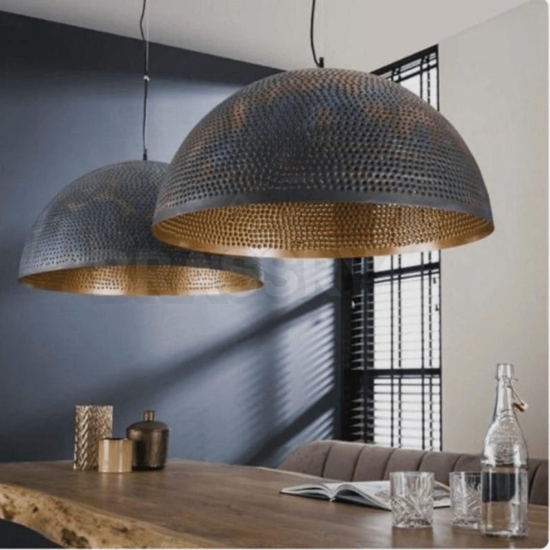 Handcrafted Moroccan hammered copper pendant light in 6 sizes, aged copper finish, ideal for kitchen islands, boho and rustic interiors

