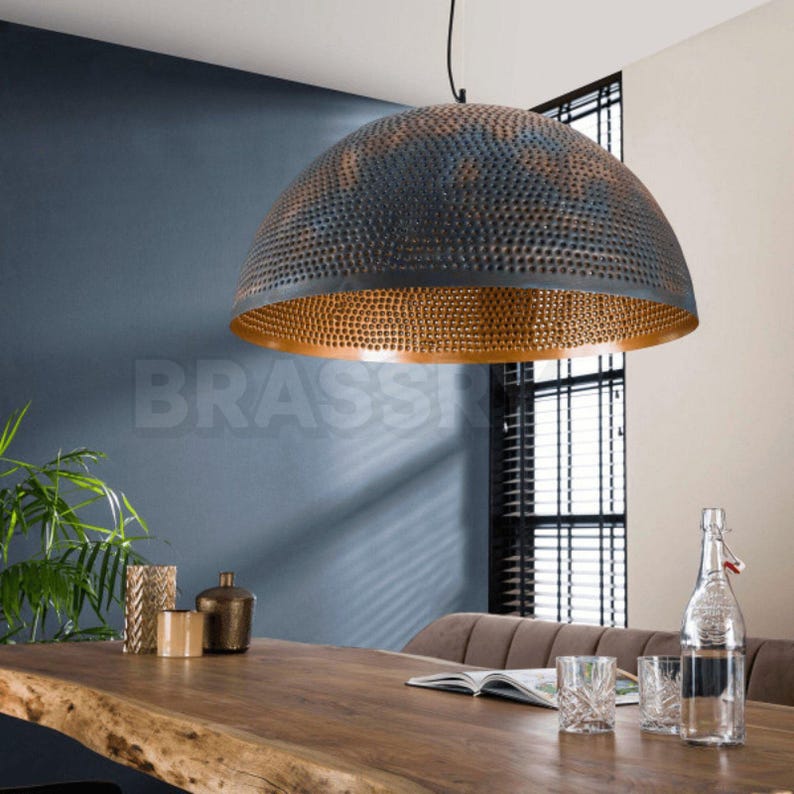Handcrafted Moroccan hammered copper pendant light in 6 sizes, aged copper finish, ideal for kitchen islands, boho and rustic interiors

