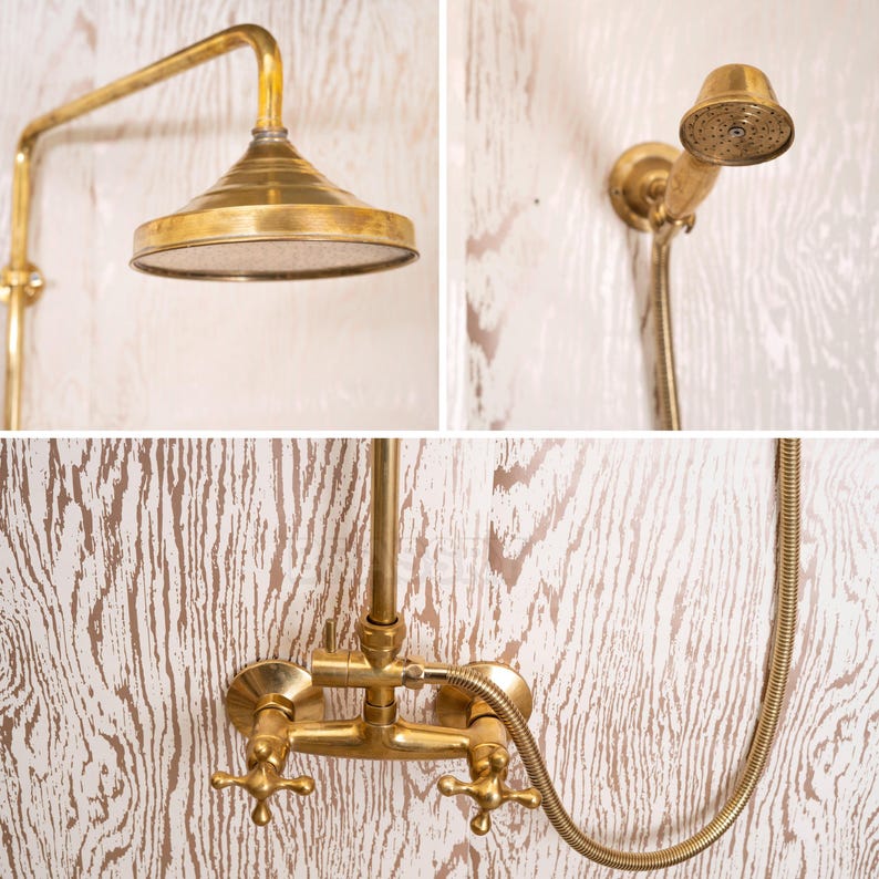Luxury bathroom with rustic brass shower set and rainfall head

