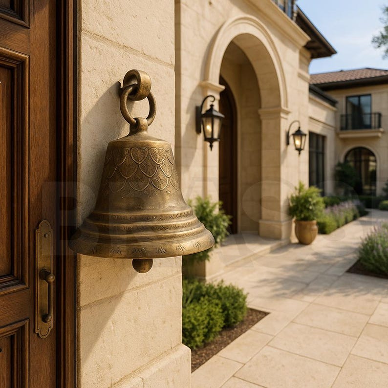 Elegant handcrafted solid brass temple bell with antique finish, decorative front entrance bell for Mediterranean, luxury, or traditional home exteriors

