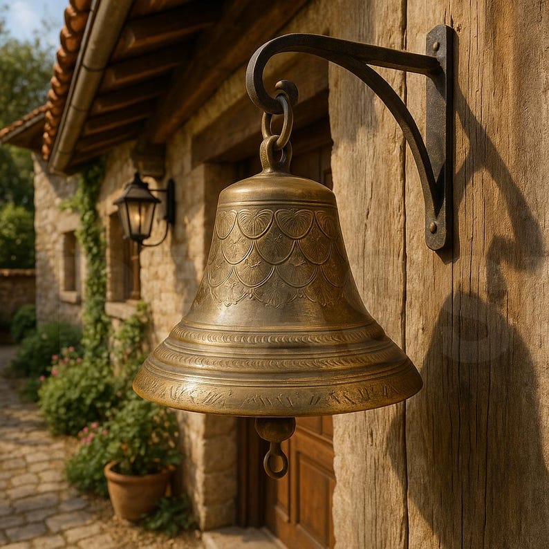 Elegant handcrafted solid brass temple bell with antique finish, decorative front entrance bell for Mediterranean, luxury, or traditional home exteriors

