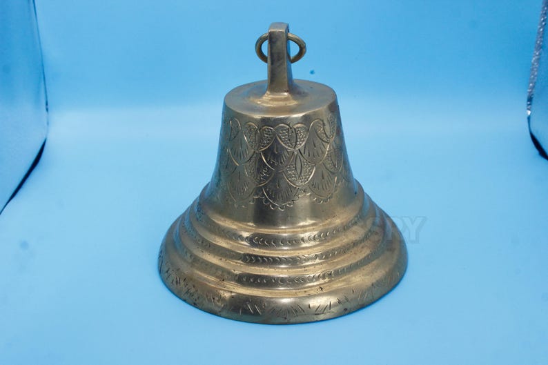 Elegant handcrafted solid brass temple bell with antique finish, decorative front entrance bell for Mediterranean, luxury, or traditional home exteriors

