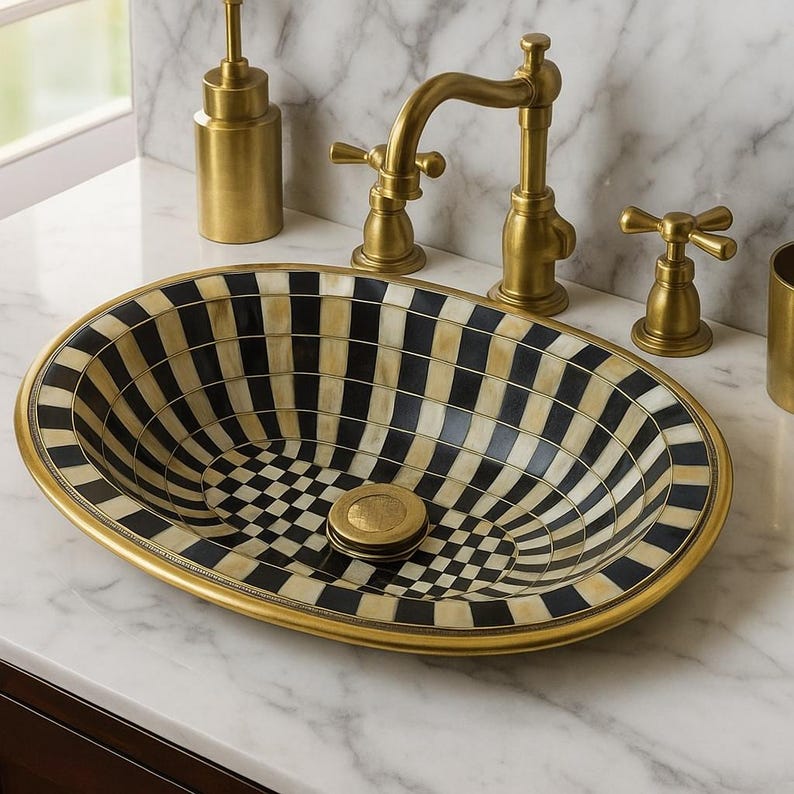 Handmade Brass & Bone Vessel Sink – Oval Inlay Vanity Basin