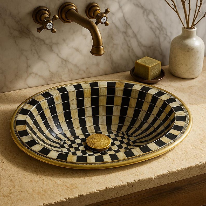 Handmade Brass & Bone Vessel Sink – Oval Inlay Vanity Basin