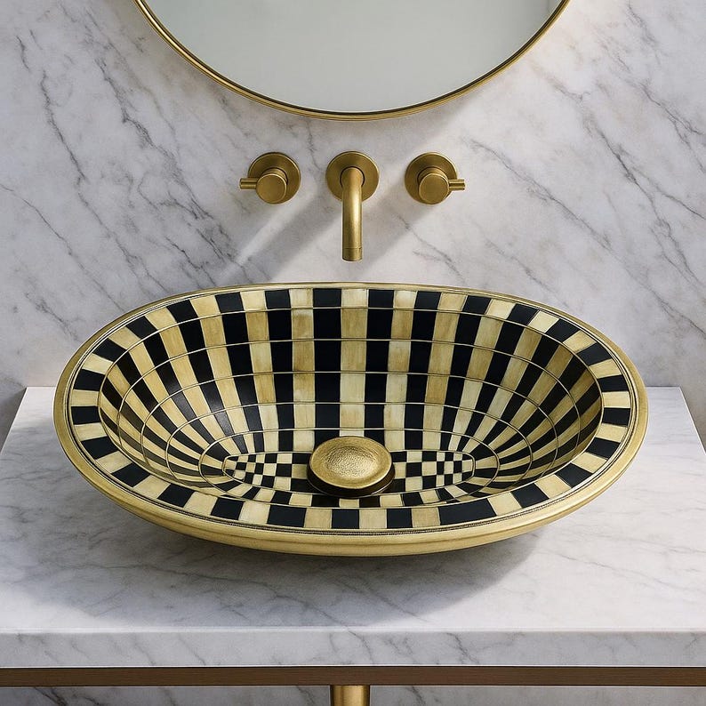 Handmade Brass & Bone Vessel Sink – Oval Inlay Vanity Basin