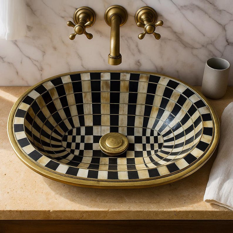 Handmade Brass & Bone Vessel Sink – Oval Inlay Vanity Basin