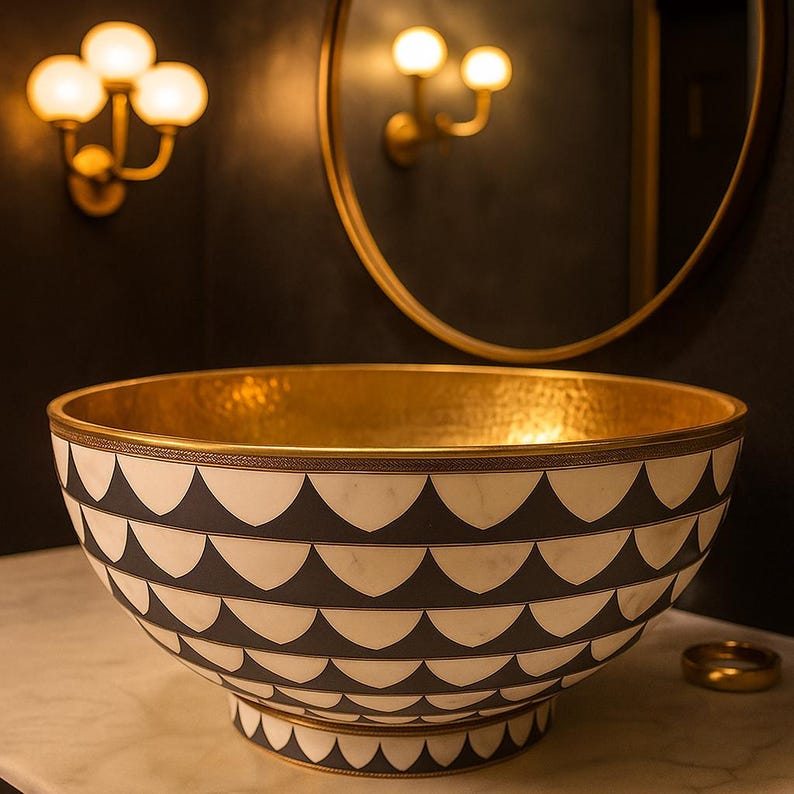 Handmade Brass & Bone Vessel Sink – Round Resin Inlay Vanity Bowl
