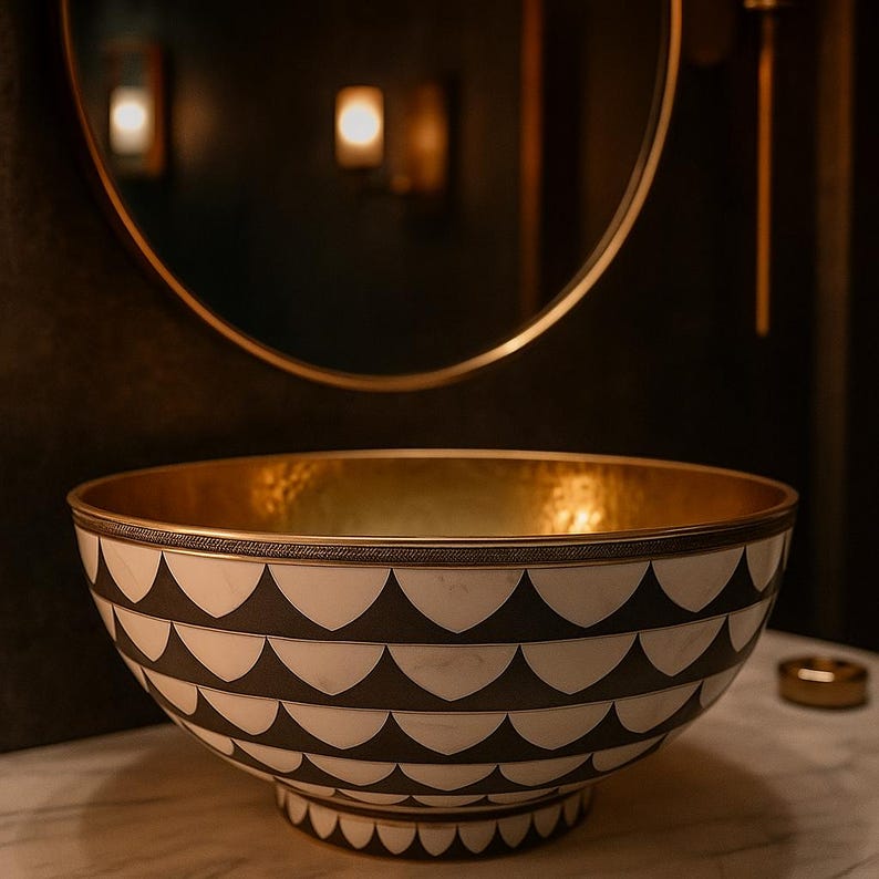 Handmade Brass & Bone Vessel Sink – Round Resin Inlay Vanity Bowl