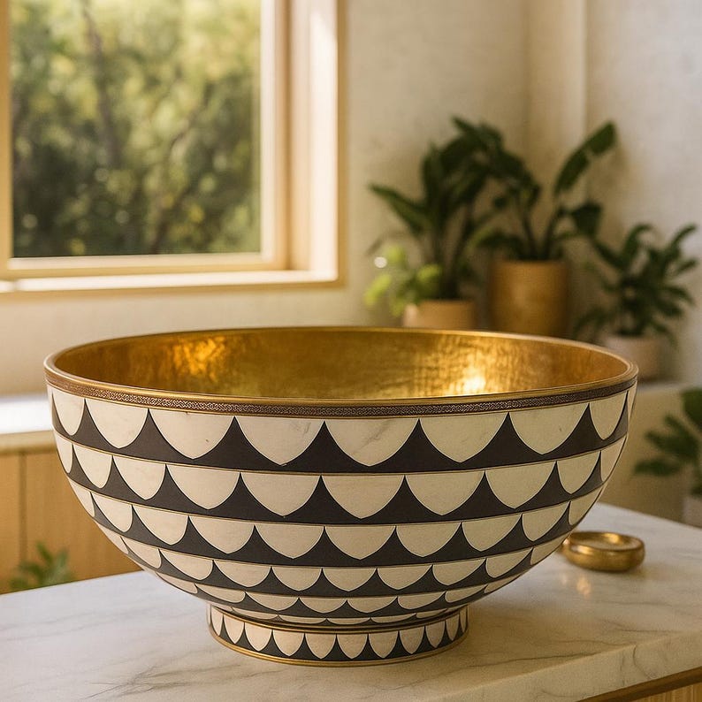 Handmade Brass & Bone Vessel Sink – Round Resin Inlay Vanity Bowl
