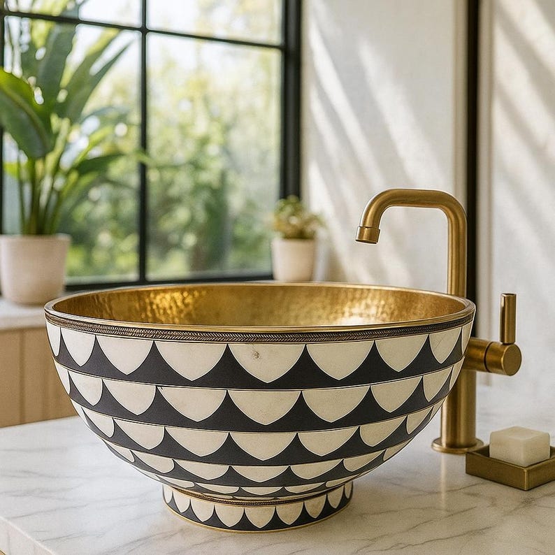 Handmade Brass & Bone Vessel Sink – Round Resin Inlay Vanity Bowl