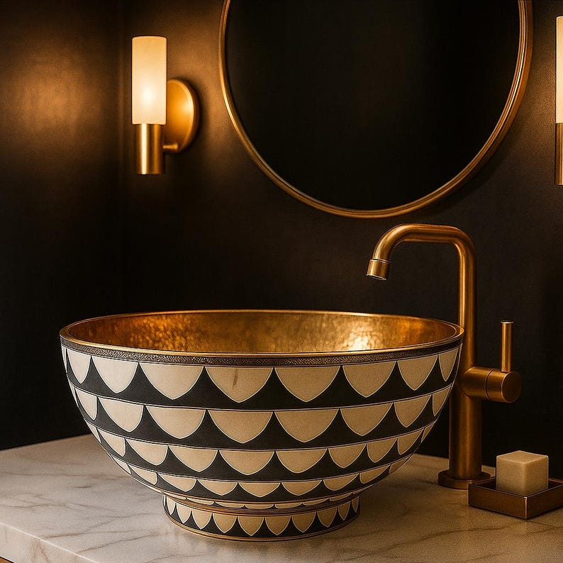 Handmade Brass & Bone Vessel Sink – Round Resin Inlay Vanity Bowl