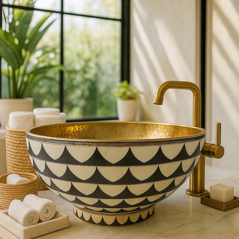 Handmade Brass & Bone Vessel Sink – Round Resin Inlay Vanity Bowl