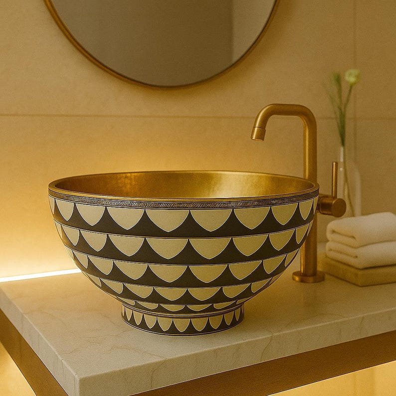 Handmade Brass & Bone Vessel Sink – Round Resin Inlay Vanity Bowl