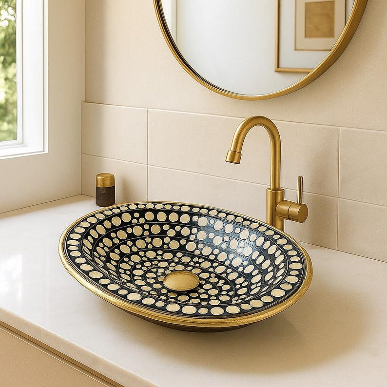Handmade Brass Drop-In Sink with Overflow – Bone Inlay Vanity Basin