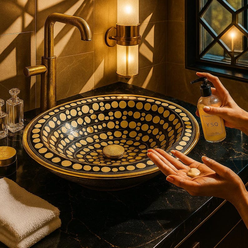 Handmade Brass Drop-In Sink with Overflow – Bone Inlay Vanity Basin