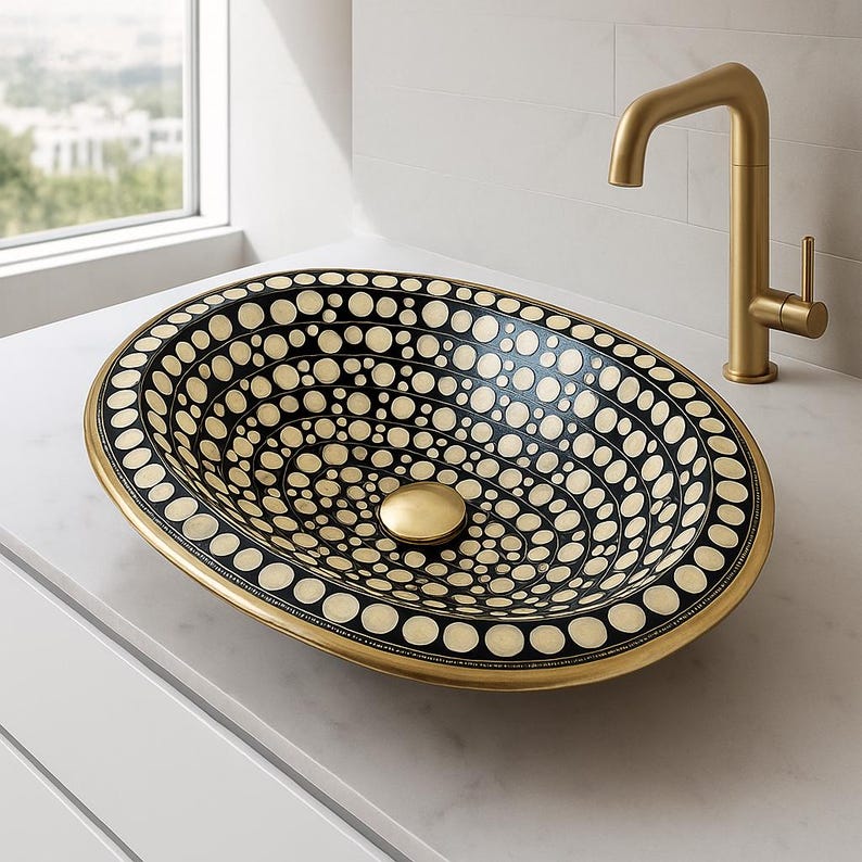 Handmade Brass Drop-In Sink with Overflow – Bone Inlay Vanity Basin